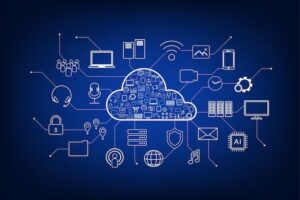 Tecnologia de computação em nuvem com ícones em ilustração vetorial de fundo azul _ Vetor Premium